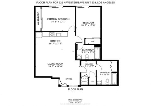 Floor plan for 2 beds, 2 baths, 1000 sqft